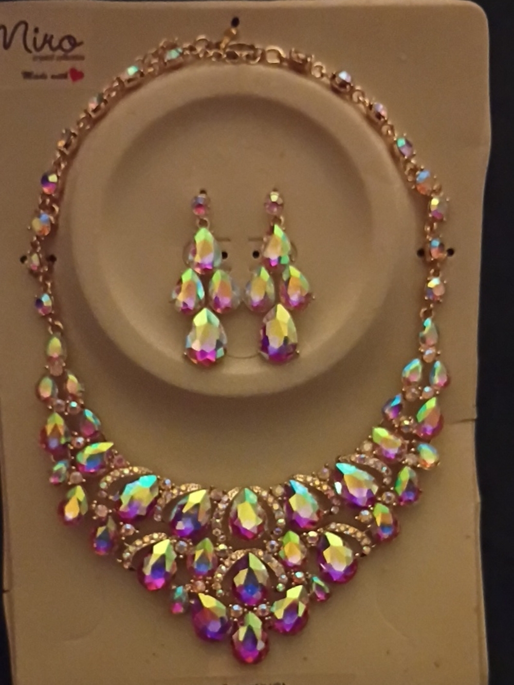 Nino Iridescent Teardrop Statement Necklace & Earring Set - Pink Multicolor